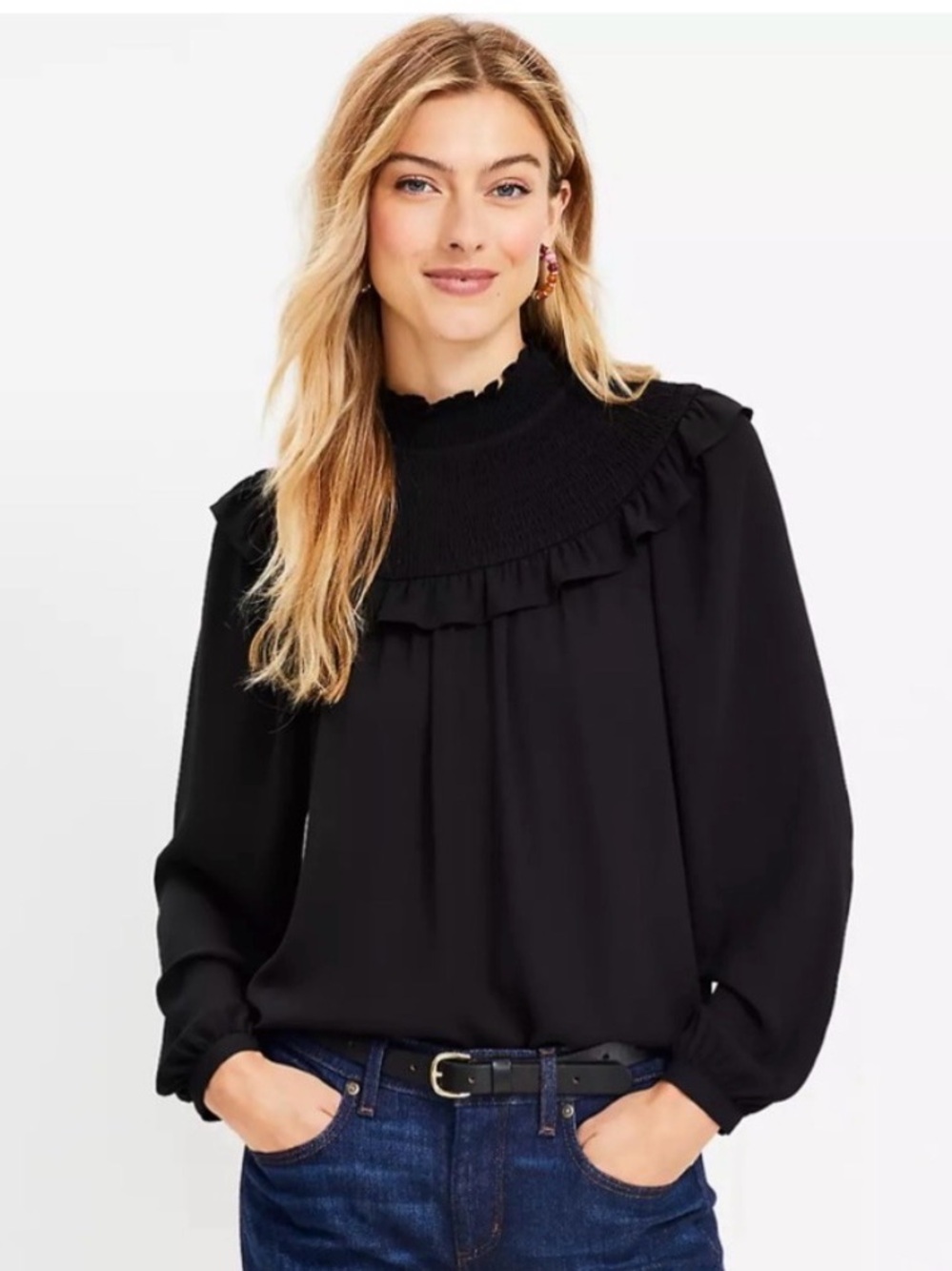 LOFT Black Smocked Yoke Blouse